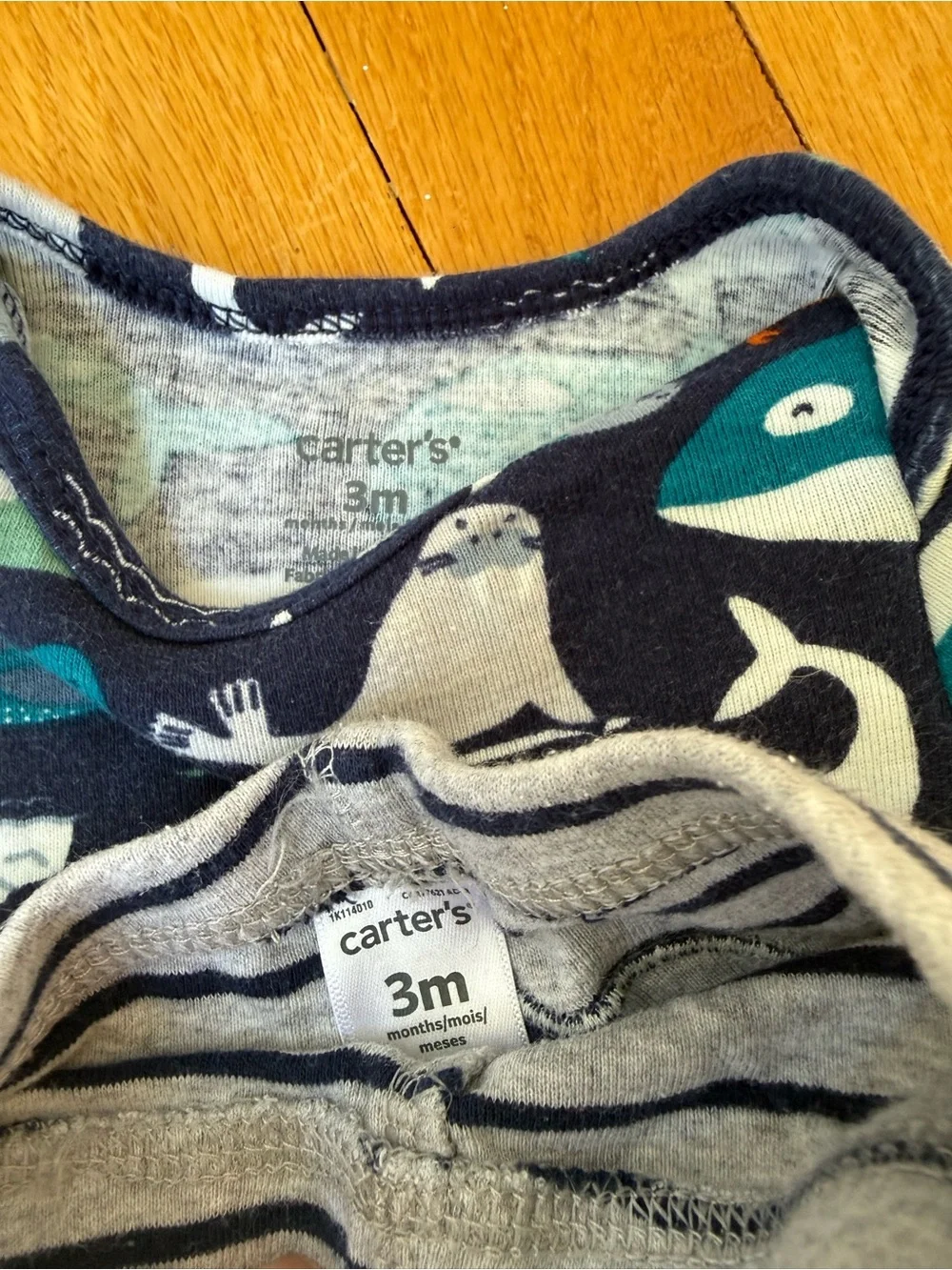 Carter’s Navy Whale Print Baby One-Piece with Gray Striped Pants, 3 months